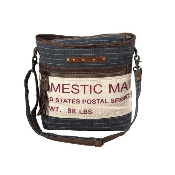 Myra Bag Handmade Mail Shoulder Bag Upcycled Canvas & Cowhide Leather - Picture 1 of 9